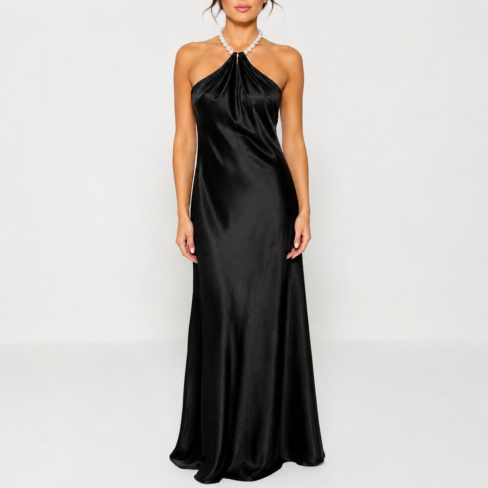 NWT Meshki Blanche Pearl Halter Maxi Dress Womens Small Black Satin Formal Gown